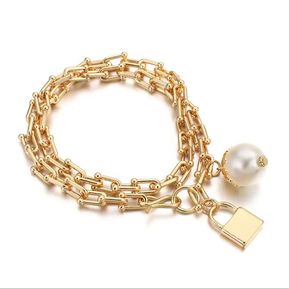 Graduated Link Elegant Gold Chain Lock Pearl Charm - Picture 12 of 14